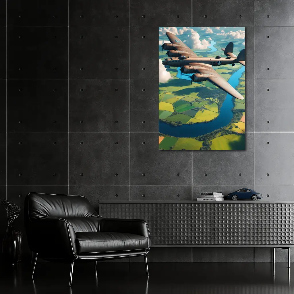 WWII Heavy Bomber Flying Over Green Fields – Wall Art