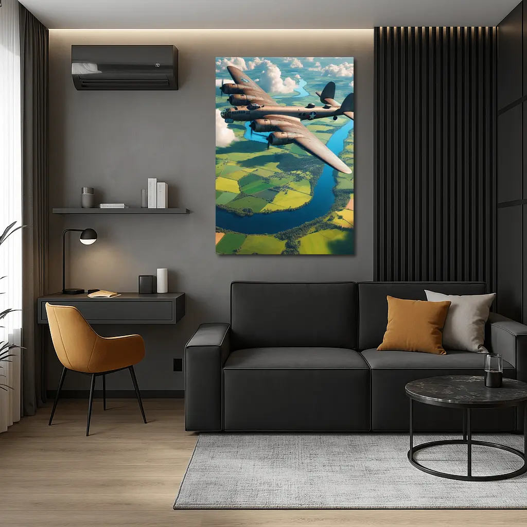 WWII Heavy Bomber Flying Over Green Fields – Wall Art