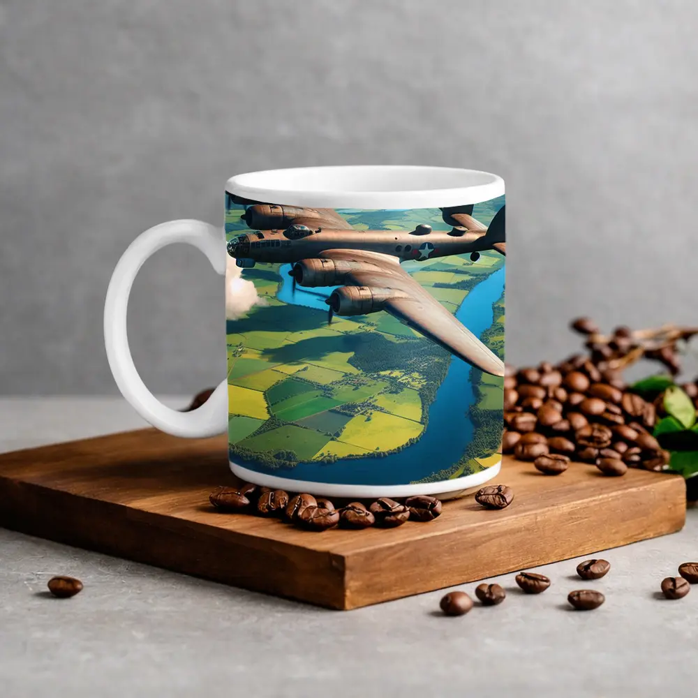 WWII Heavy Bomber Flying Over Green Fields – Mugs