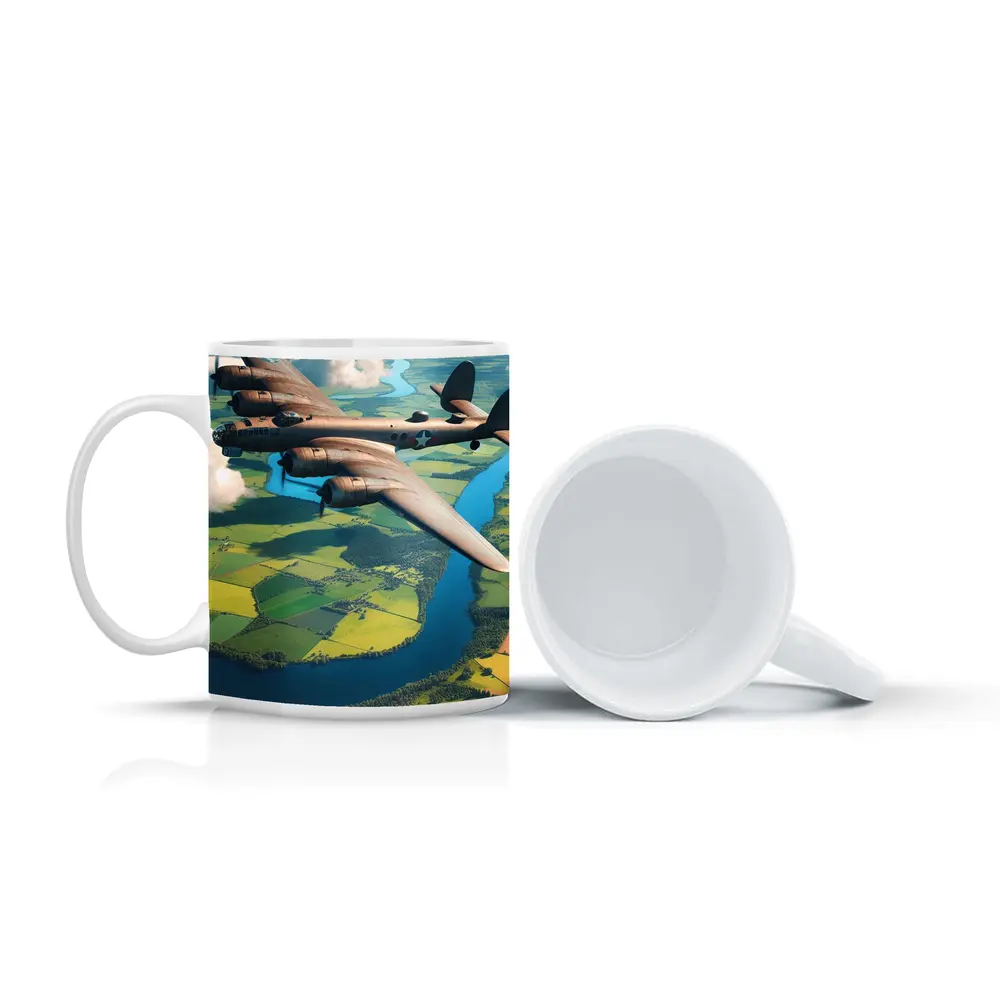 WWII Heavy Bomber Flying Over Green Fields – Mugs