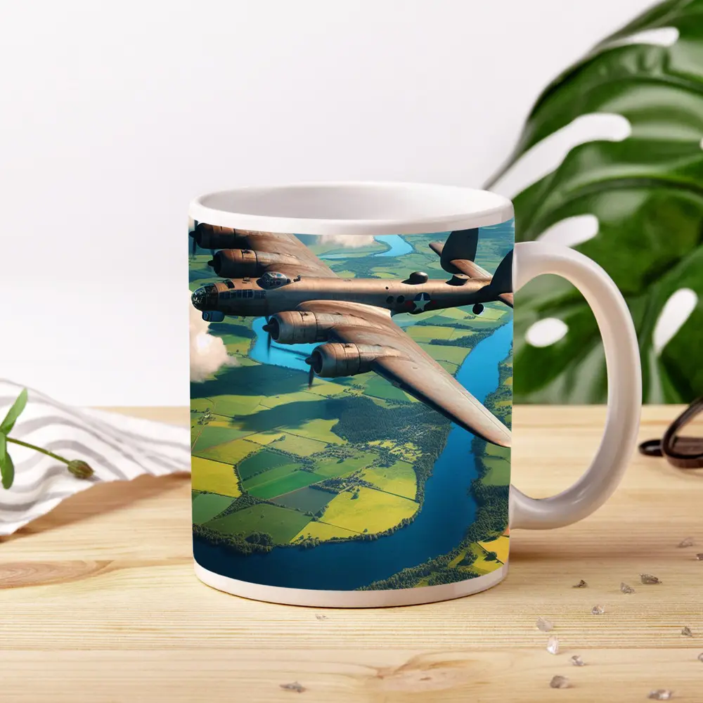 WWII Heavy Bomber Flying Over Green Fields – Mugs