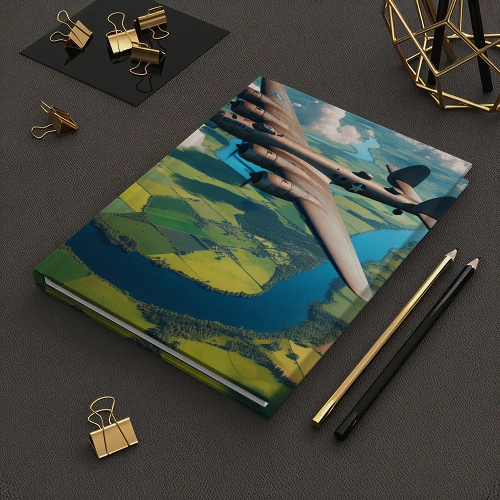 WWII Heavy Bomber Flying Over Green Fields – Notebooks