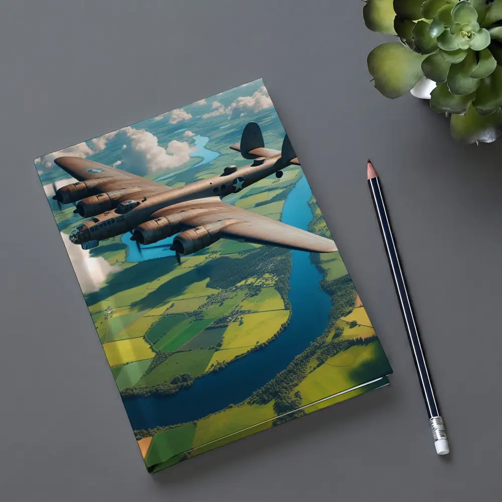 WWII Heavy Bomber Flying Over Green Fields – Notebooks