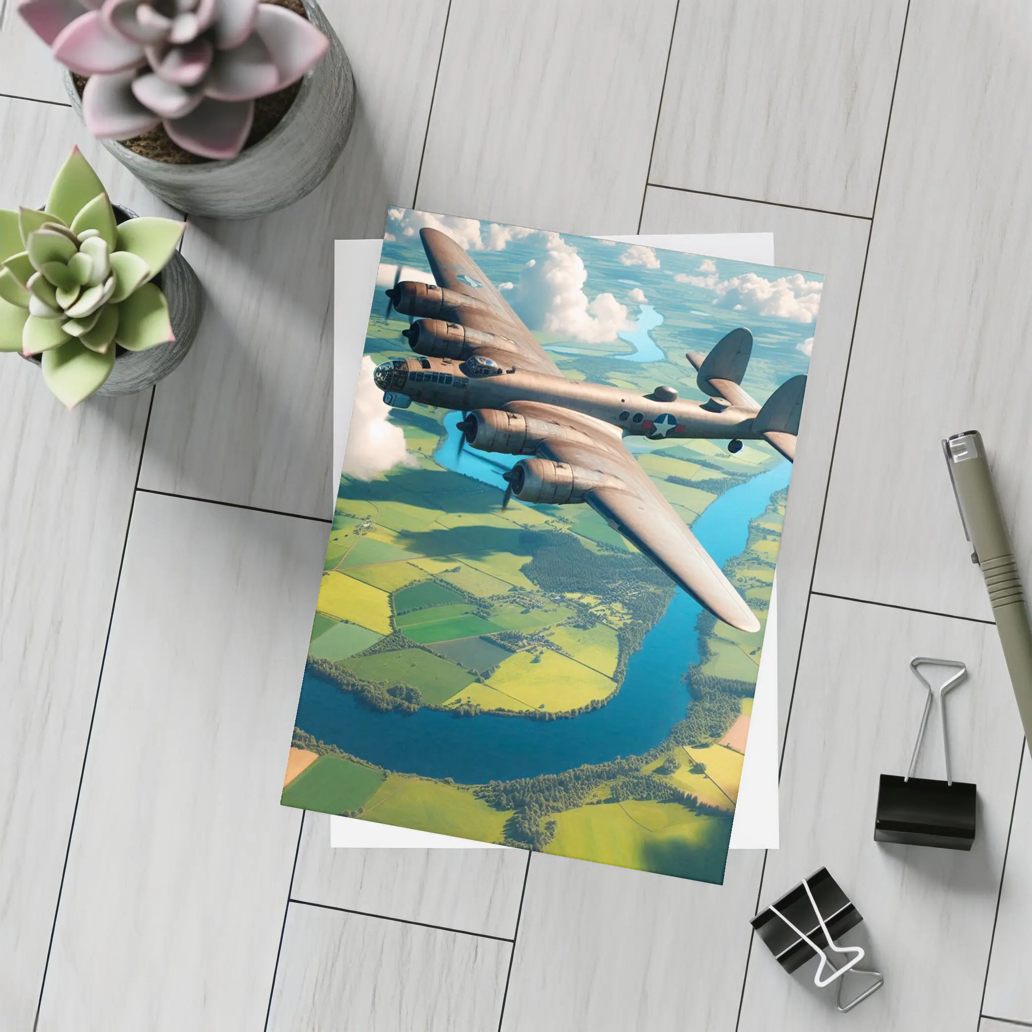 WWII Heavy Bomber Flying Over Green Fields – Postcards