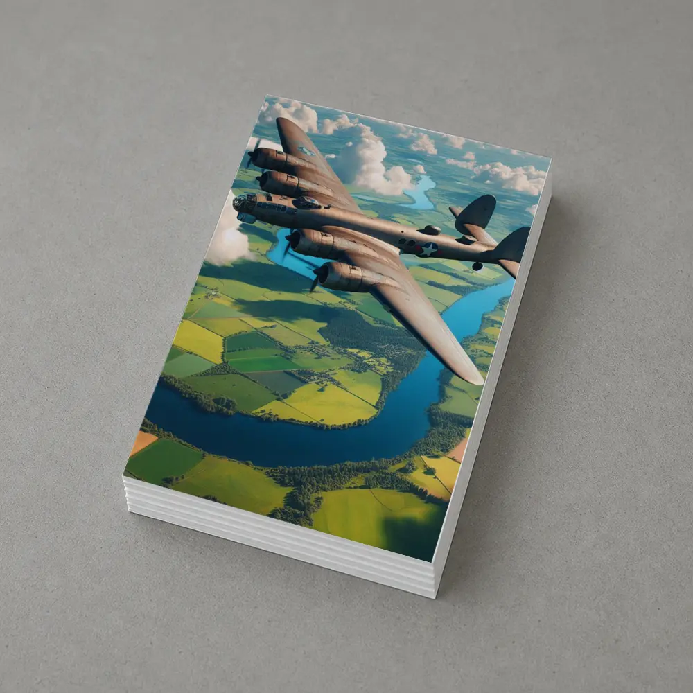 WWII Heavy Bomber Flying Over Green Fields – Postcards