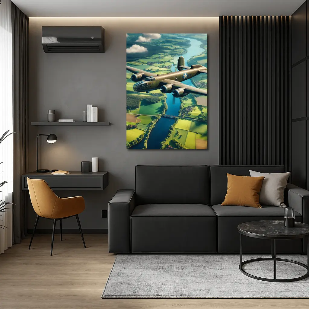 WWII Bomber Flying Over Green Countryside – Wall Art