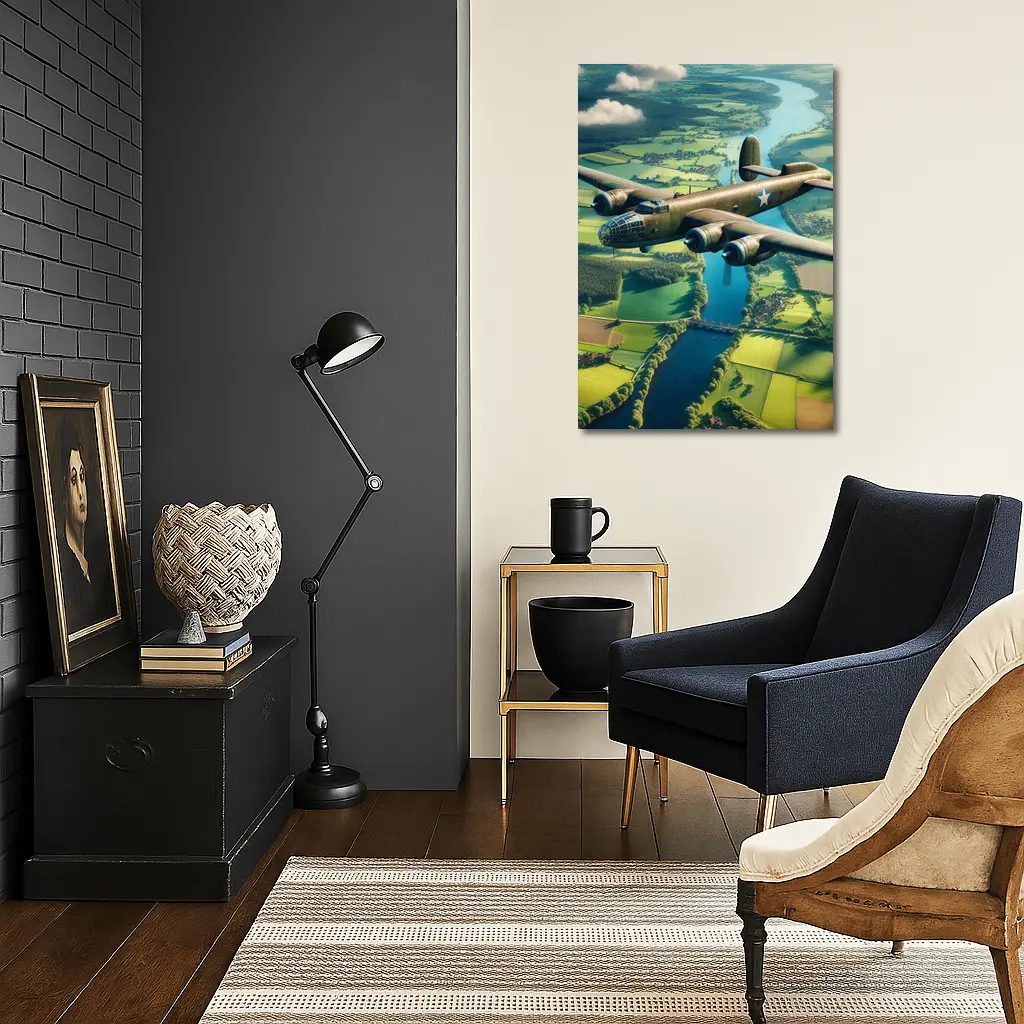 WWII Bomber Flying Over Green Countryside – Wall Art
