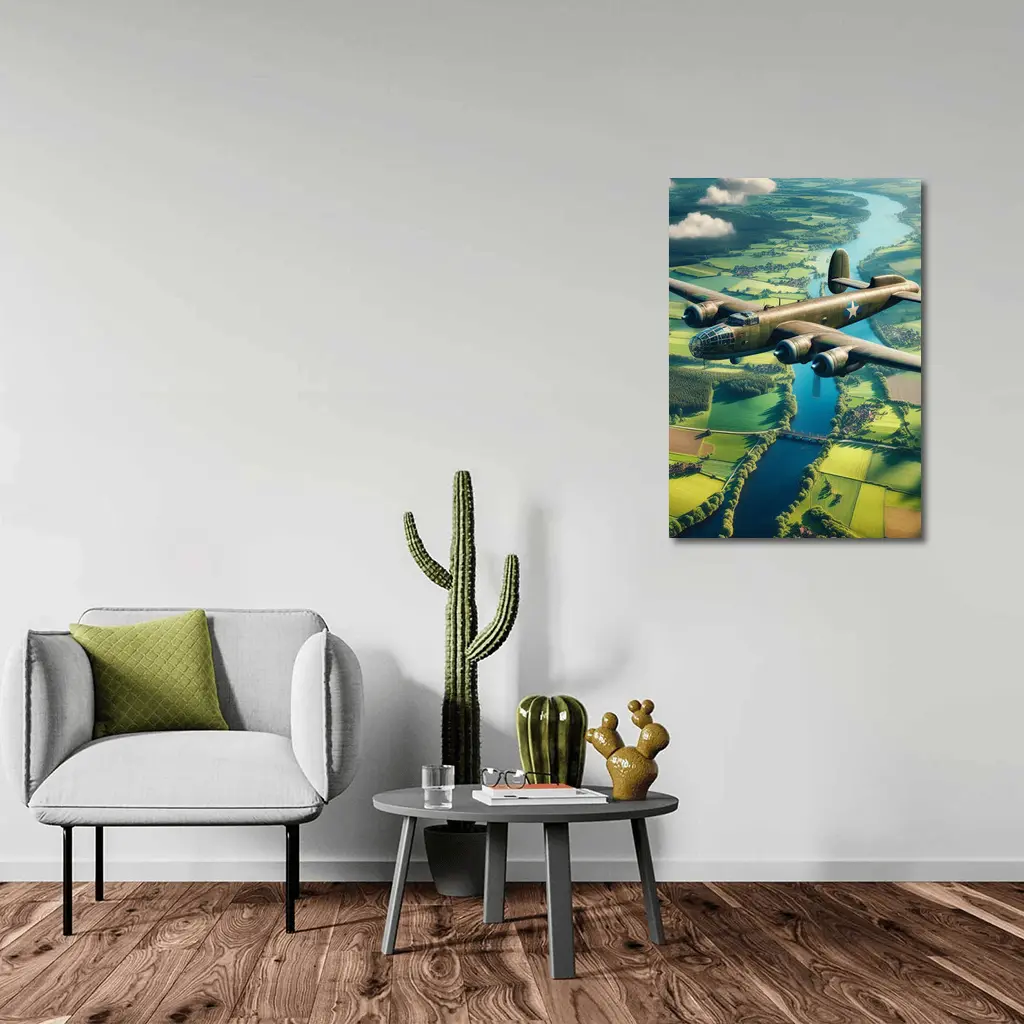 WWII Bomber Flying Over Green Countryside – Wall Art