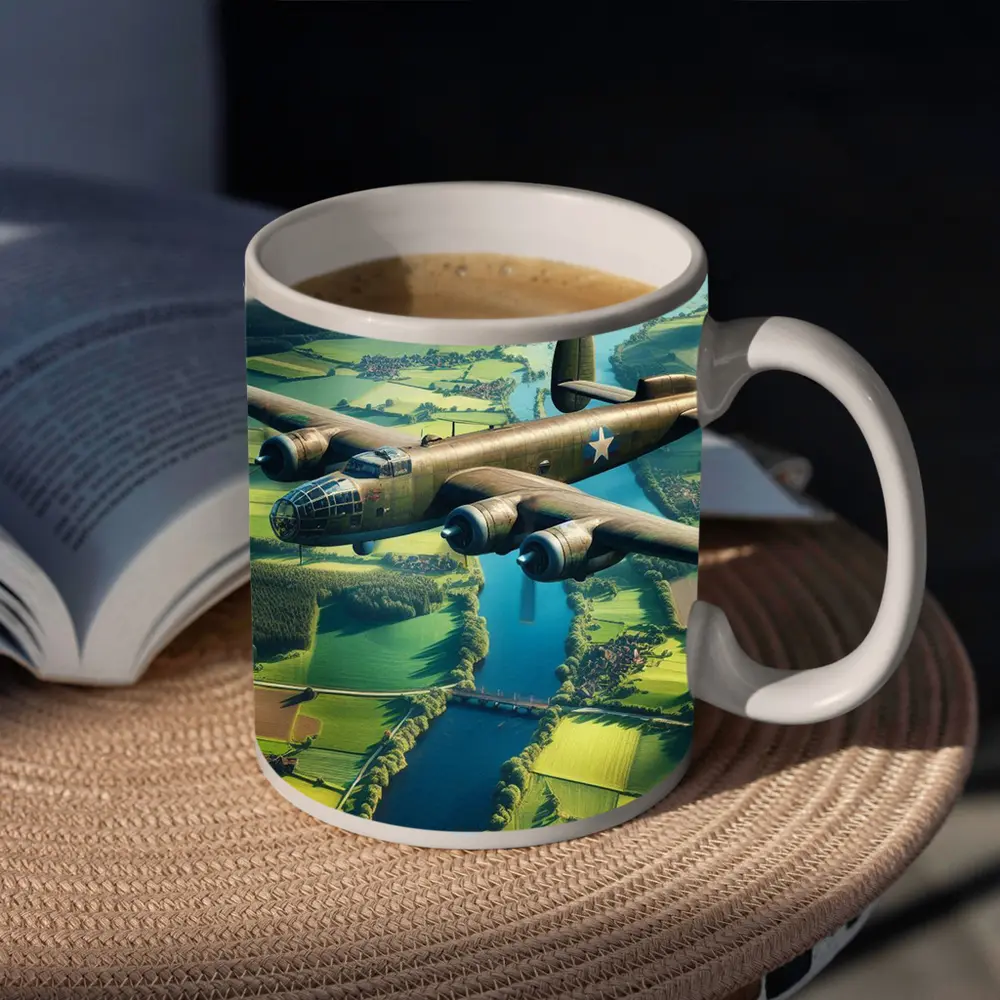 WWII Bomber Flying Over Green Countryside – Mugs