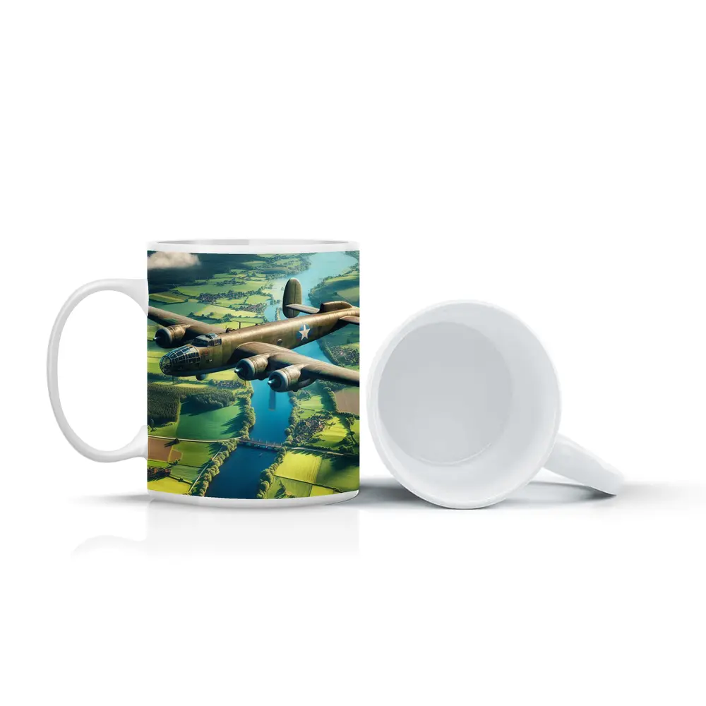 WWII Bomber Flying Over Green Countryside – Mugs
