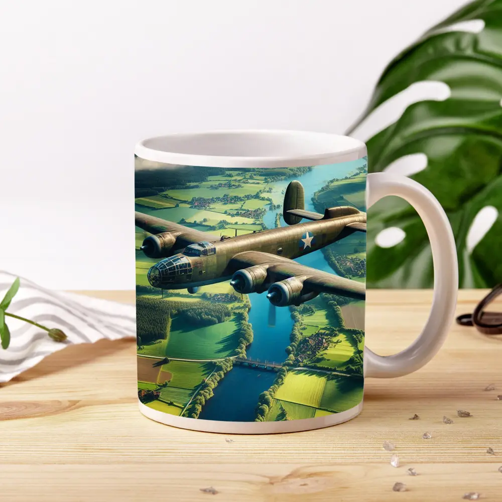 WWII Bomber Flying Over Green Countryside – Mugs
