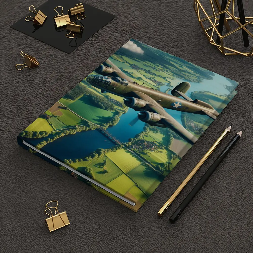WWII Bomber Flying Over Green Countryside – Notebooks