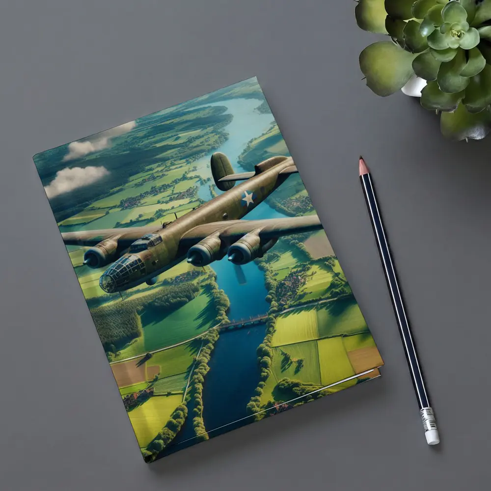 WWII Bomber Flying Over Green Countryside – Notebooks