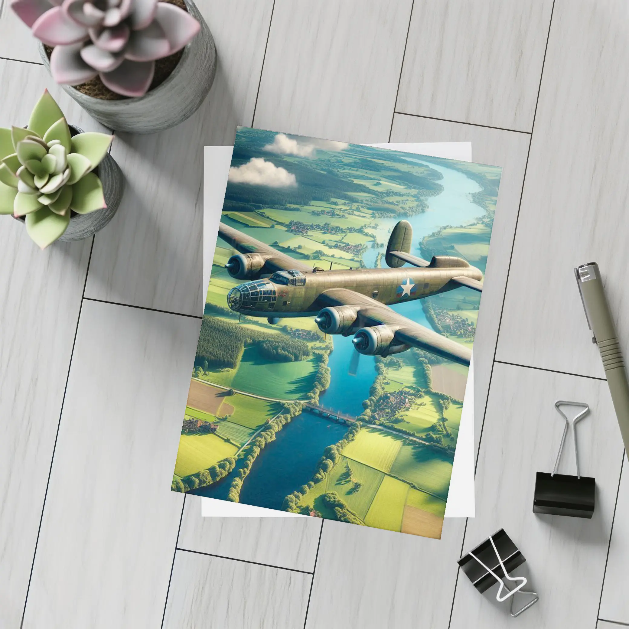 WWII Bomber Flying Over Green Countryside – Postcards