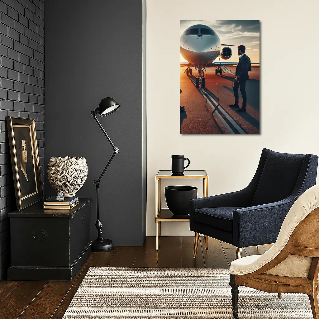 Businessman Standing Before Private Jet Sunset – Wall Art