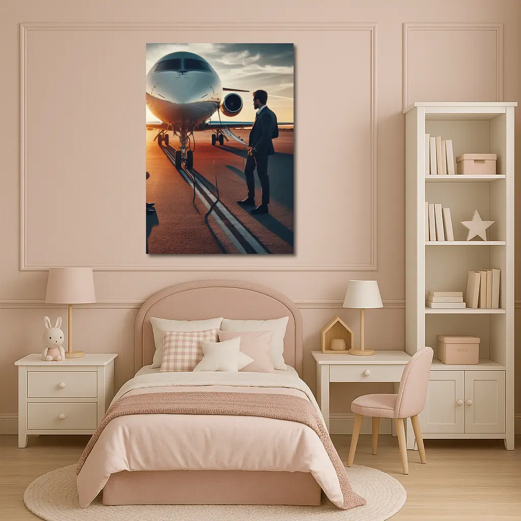 Businessman Standing Before Private Jet Sunset – Wall Art