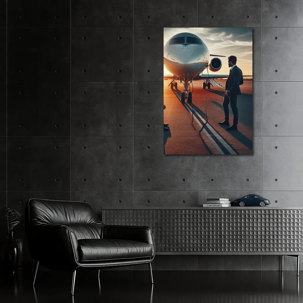 Businessman Standing Before Private Jet Sunset – Wall Art