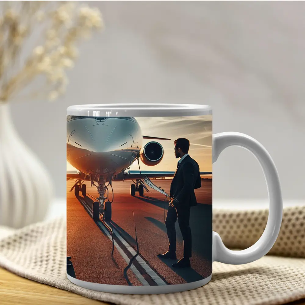 Businessman Standing Before Private Jet Sunset – Mugs
