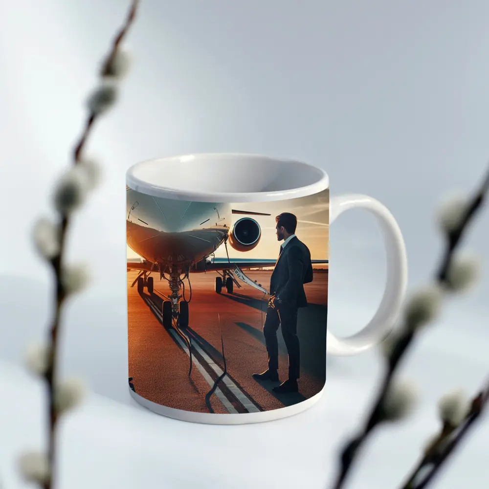 Businessman Standing Before Private Jet Sunset – Mugs