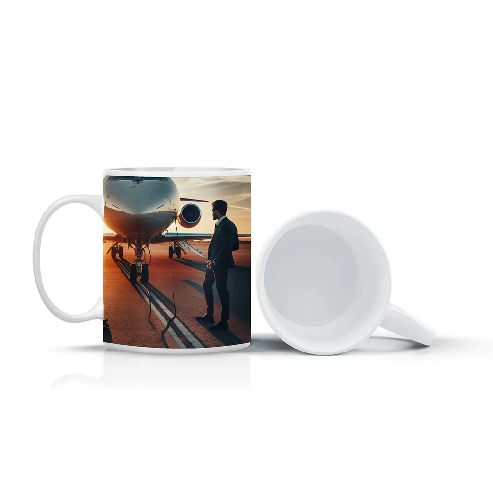 Businessman Standing Before Private Jet Sunset – Mugs