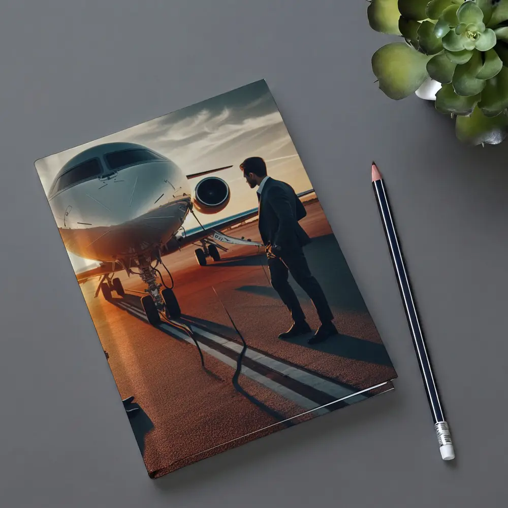 Businessman Standing Before Private Jet Sunset – Notebooks