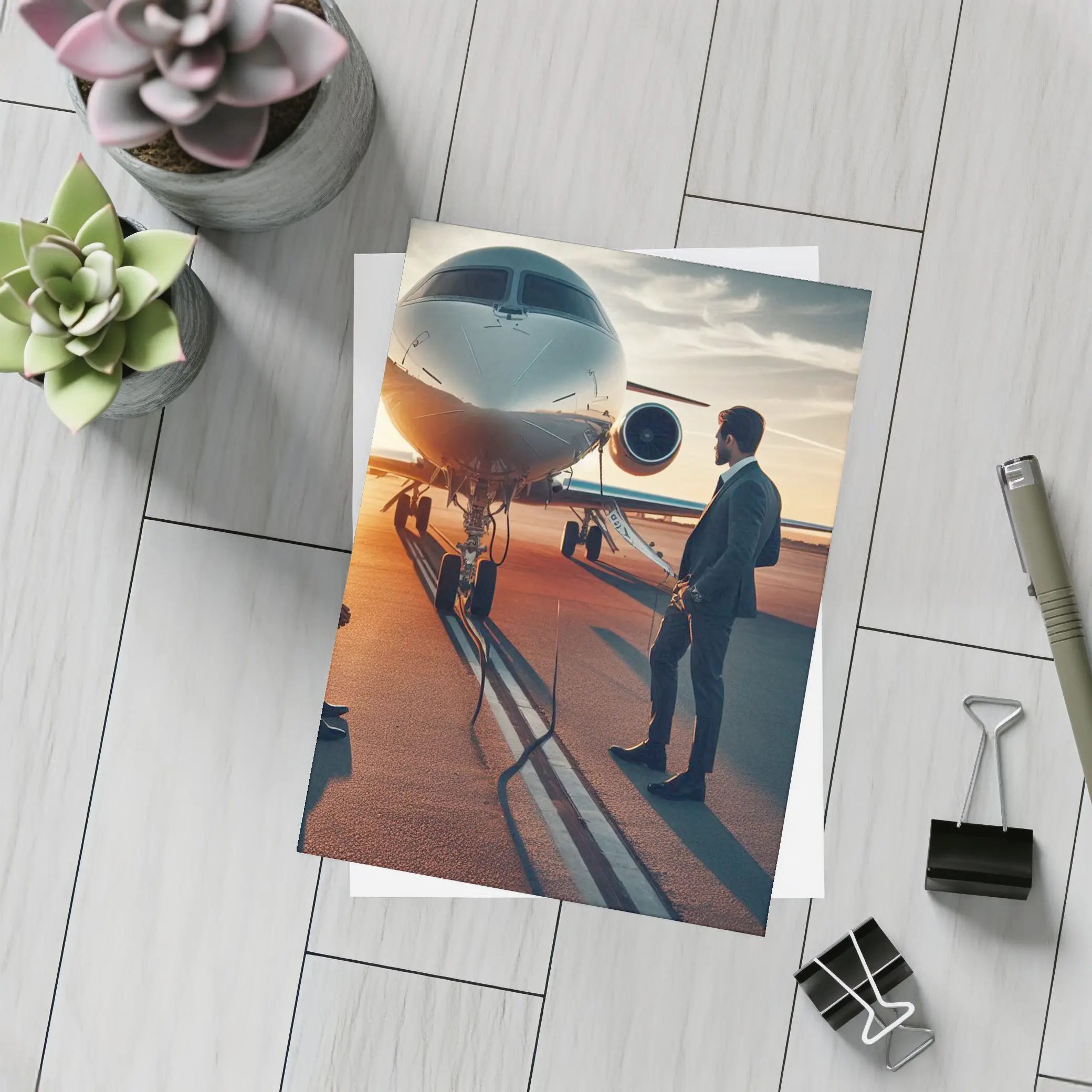 Businessman Standing Before Private Jet Sunset – Postcards
