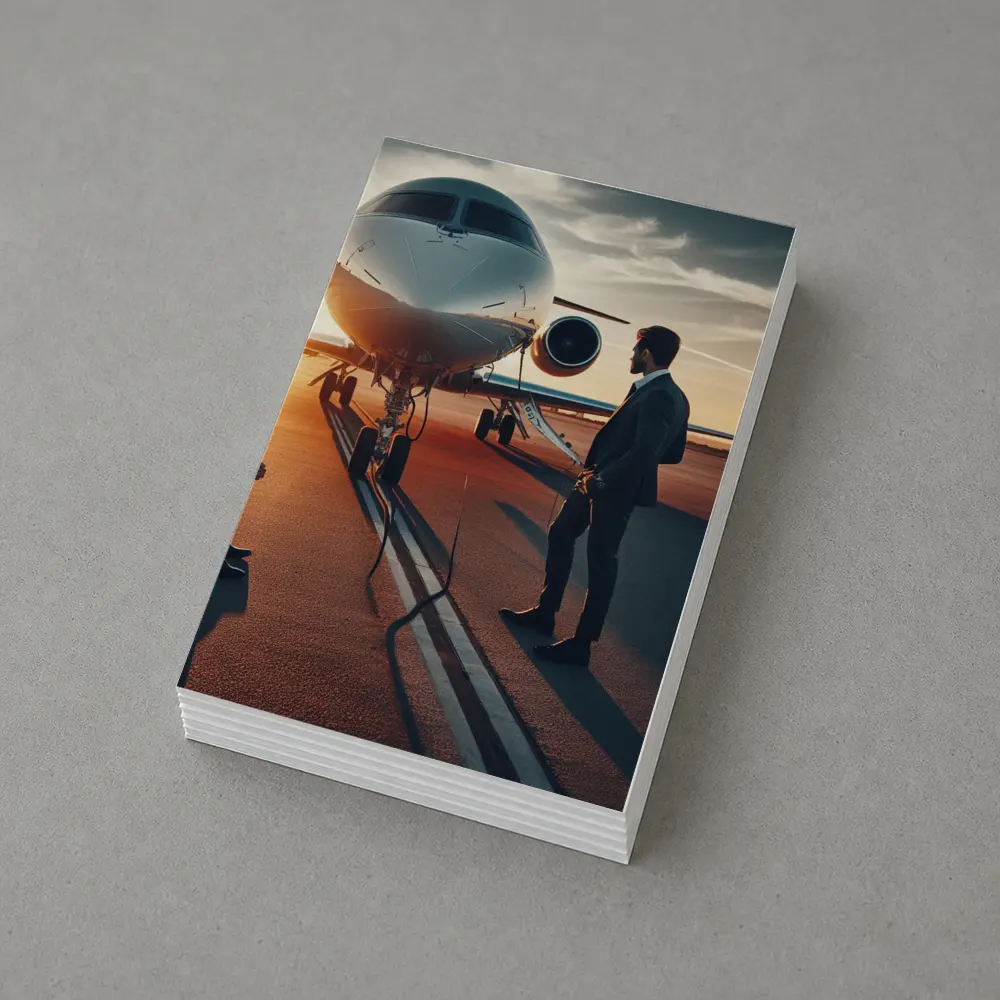 Businessman Standing Before Private Jet Sunset – Postcards