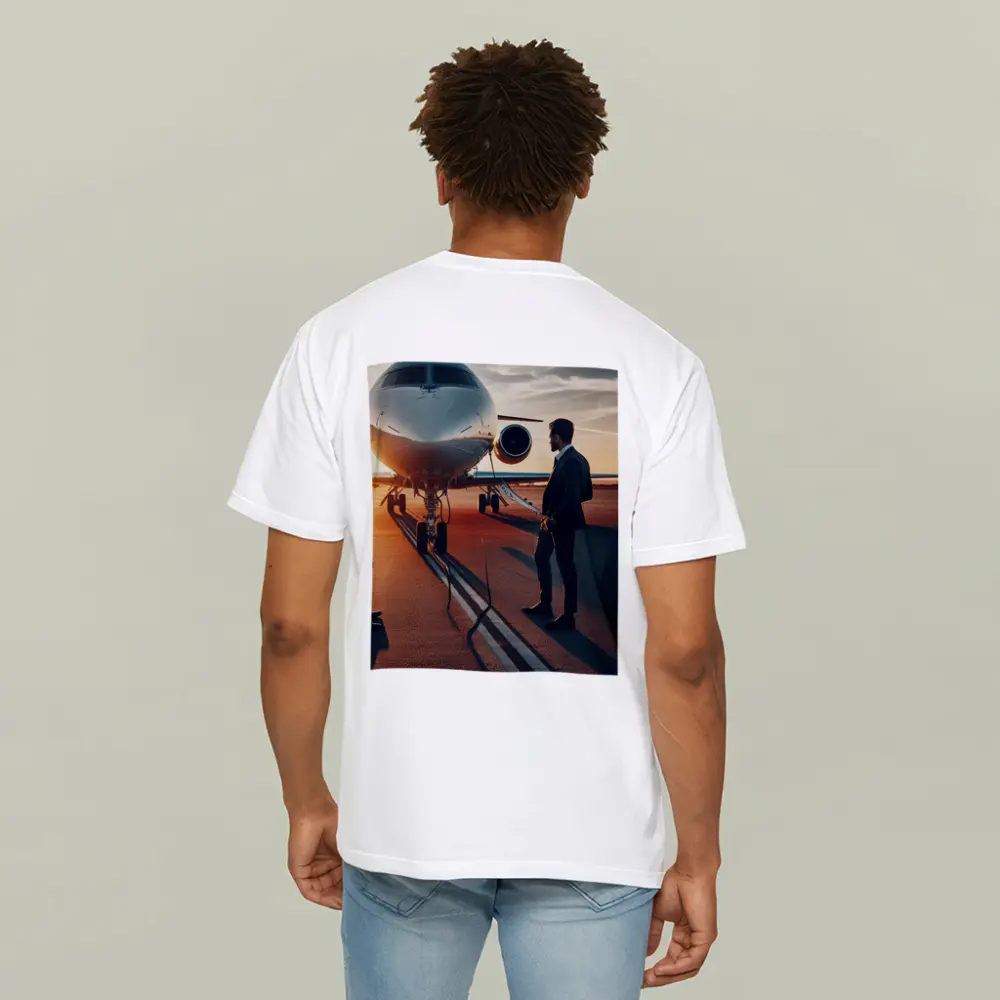 Businessman Standing Before Private Jet Sunset – T-Shirts