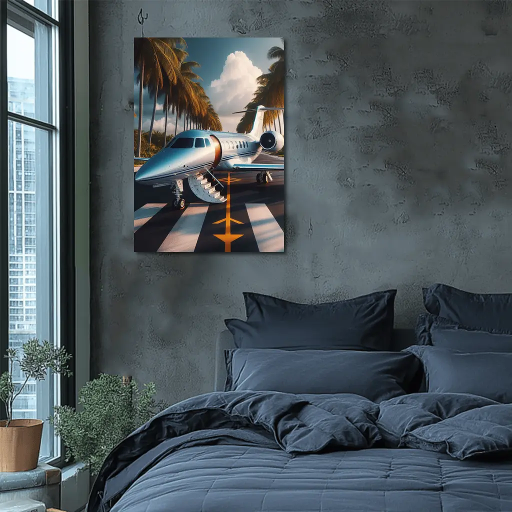 Private Jet Parked Tropical Runway Palm Trees – Wall Art