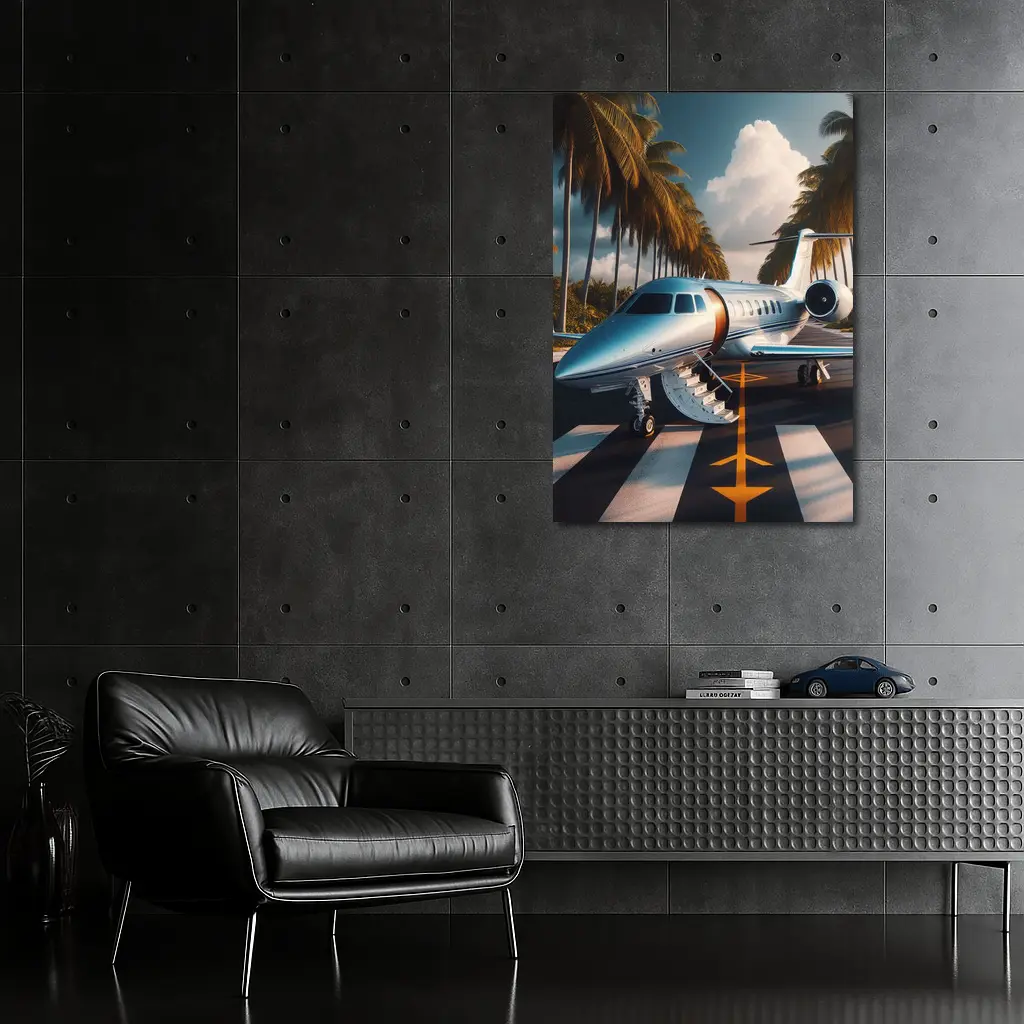 Private Jet Parked Tropical Runway Palm Trees – Wall Art