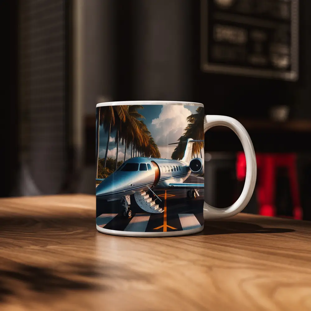 Private Jet Parked Tropical Runway Palm Trees – Mugs