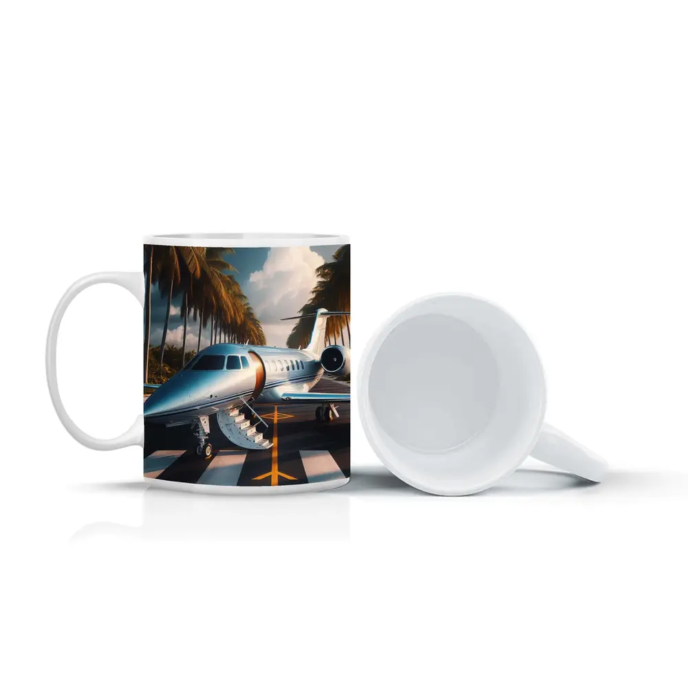 Private Jet Parked Tropical Runway Palm Trees – Mugs