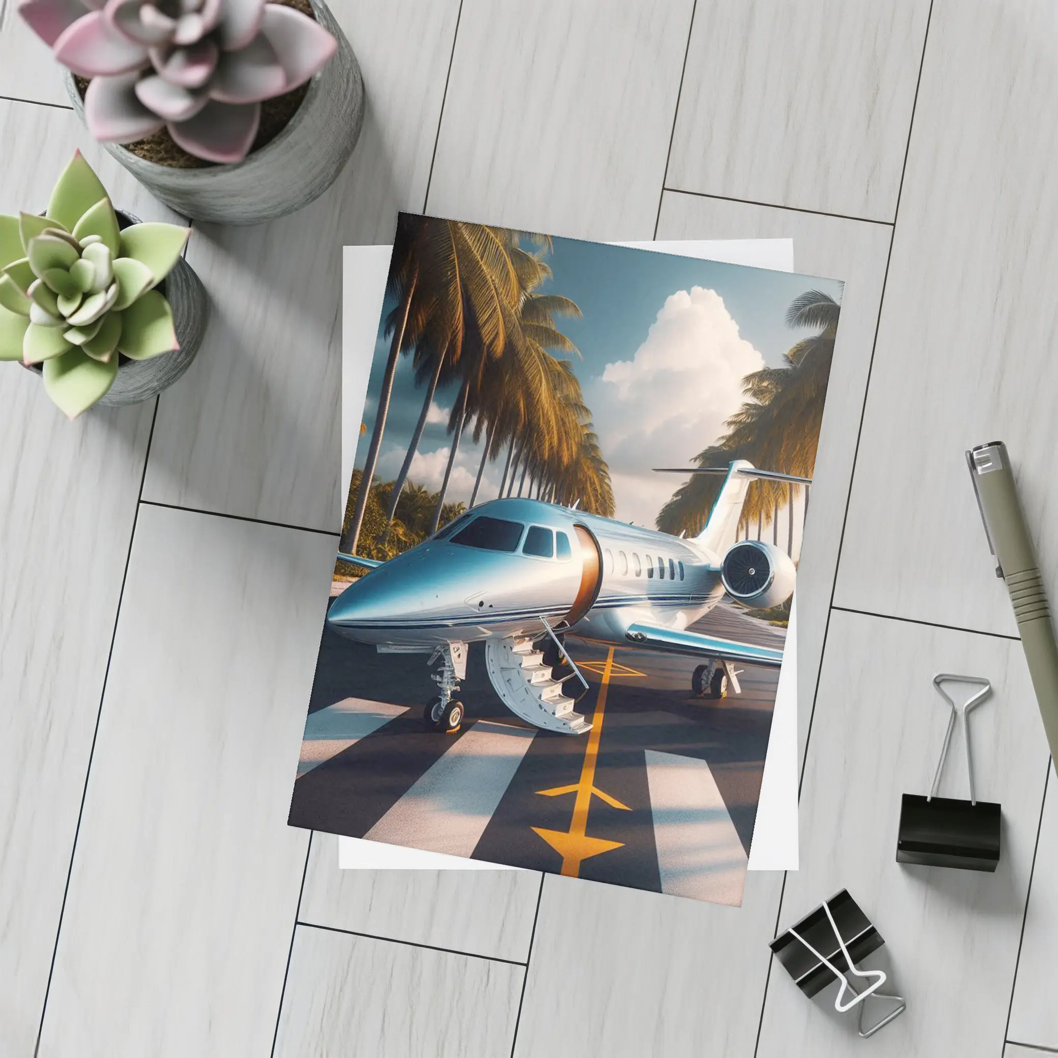 Private Jet Parked Tropical Runway Palm Trees – Postcards
