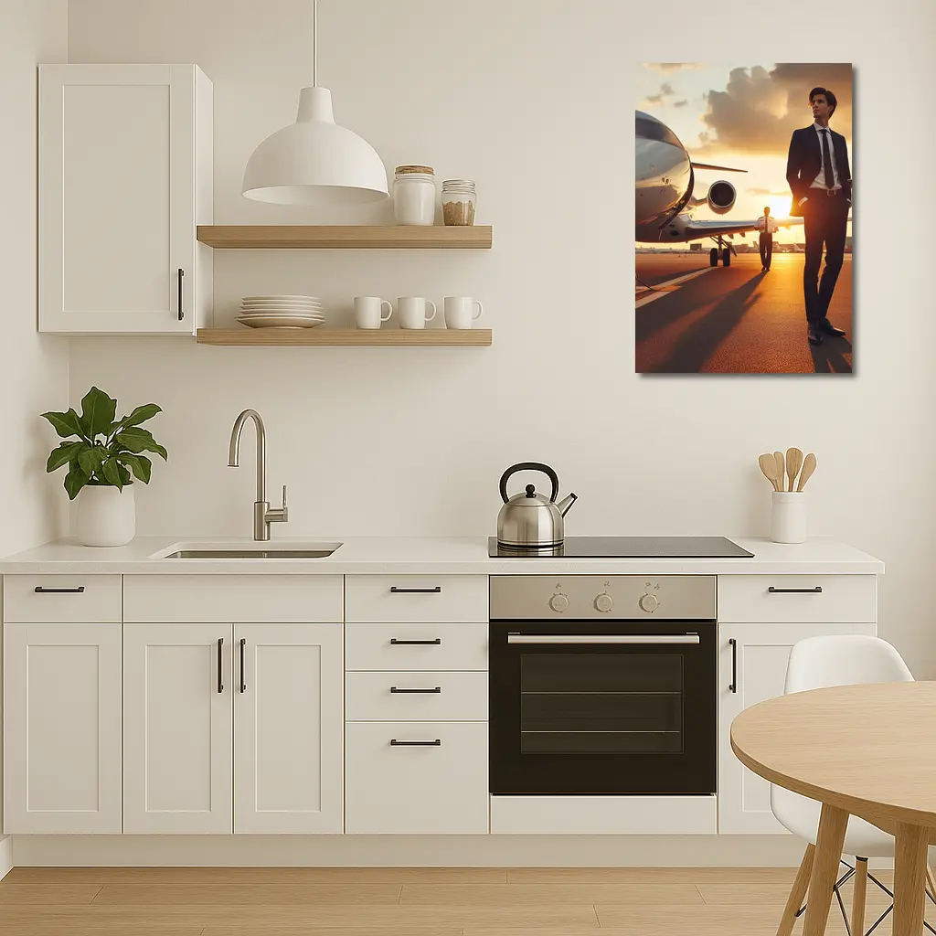 Businessman Walking Private Jet Sunset Tarmac – Wall Art