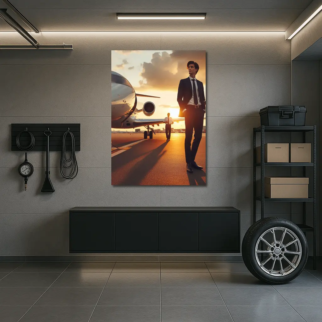 Businessman Walking Private Jet Sunset Tarmac – Wall Art