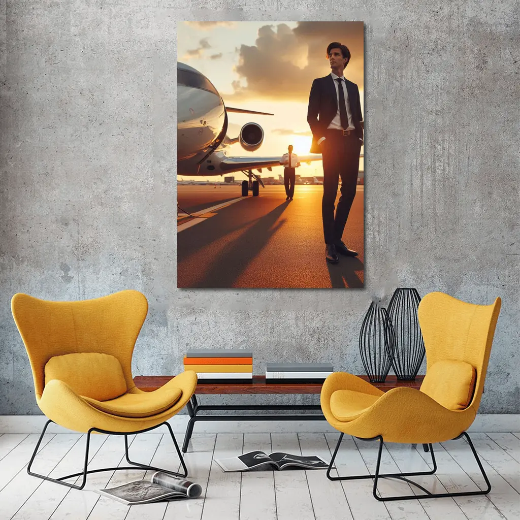 Businessman Walking Private Jet Sunset Tarmac – Wall Art
