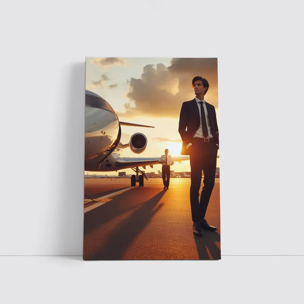 Businessman Walking Private Jet Sunset Tarmac – Wall Art