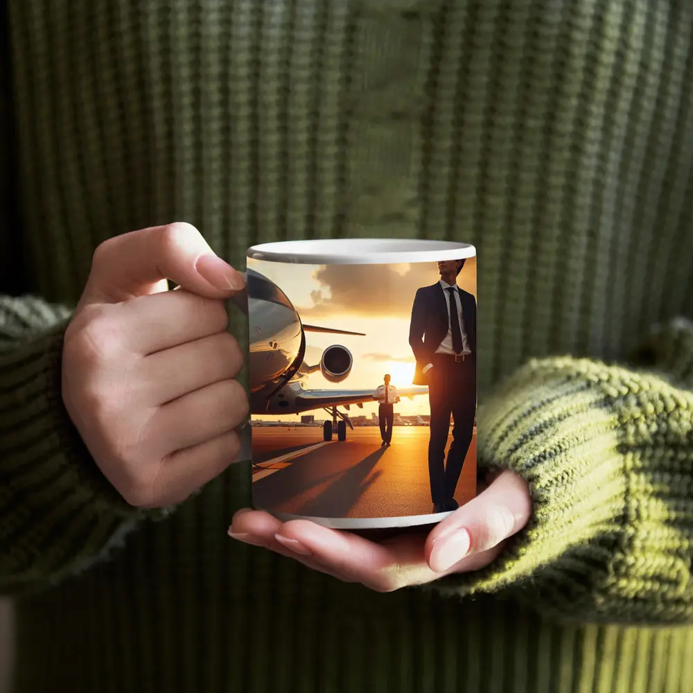 Businessman Walking Private Jet Sunset Tarmac – Mugs