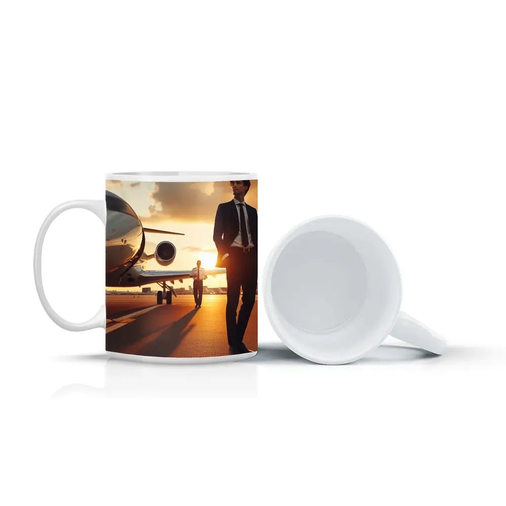 Businessman Walking Private Jet Sunset Tarmac – Mugs