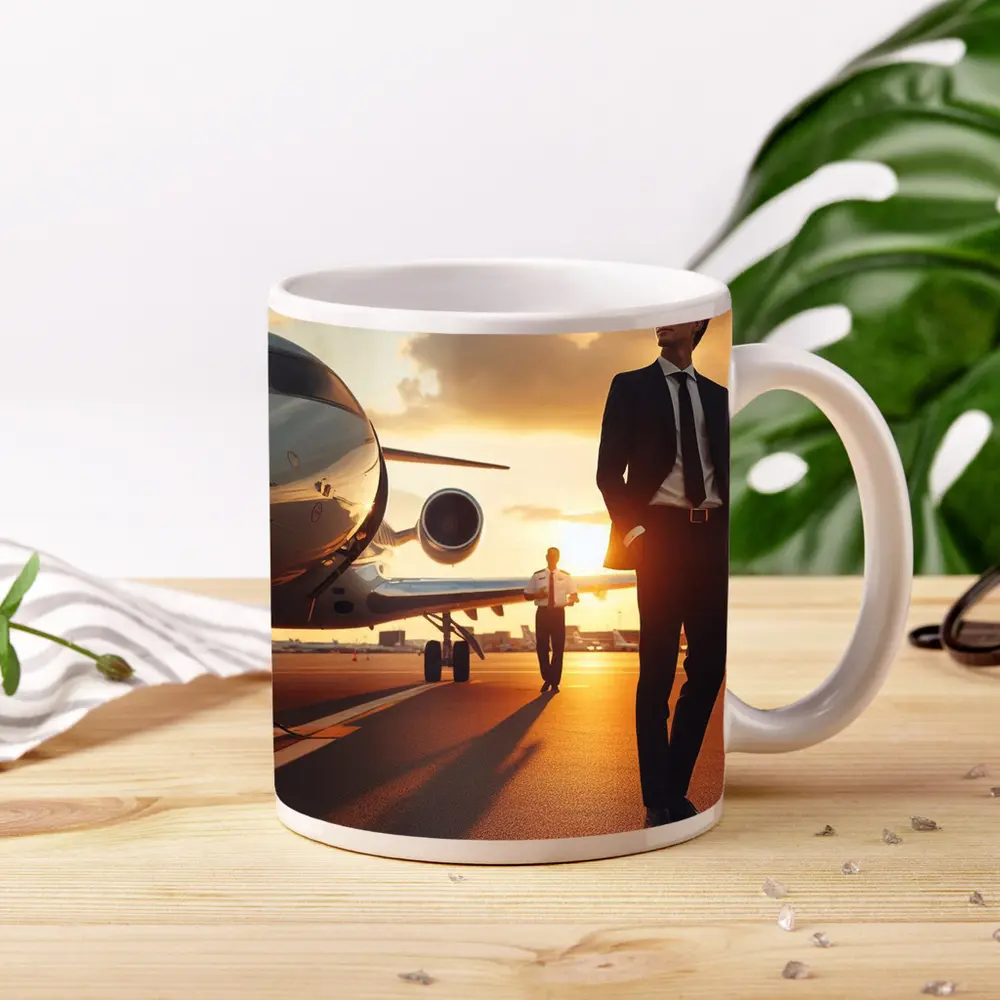 Businessman Walking Private Jet Sunset Tarmac – Mugs