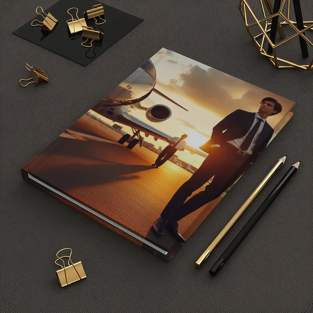 Businessman Walking Private Jet Sunset Tarmac – Notebooks