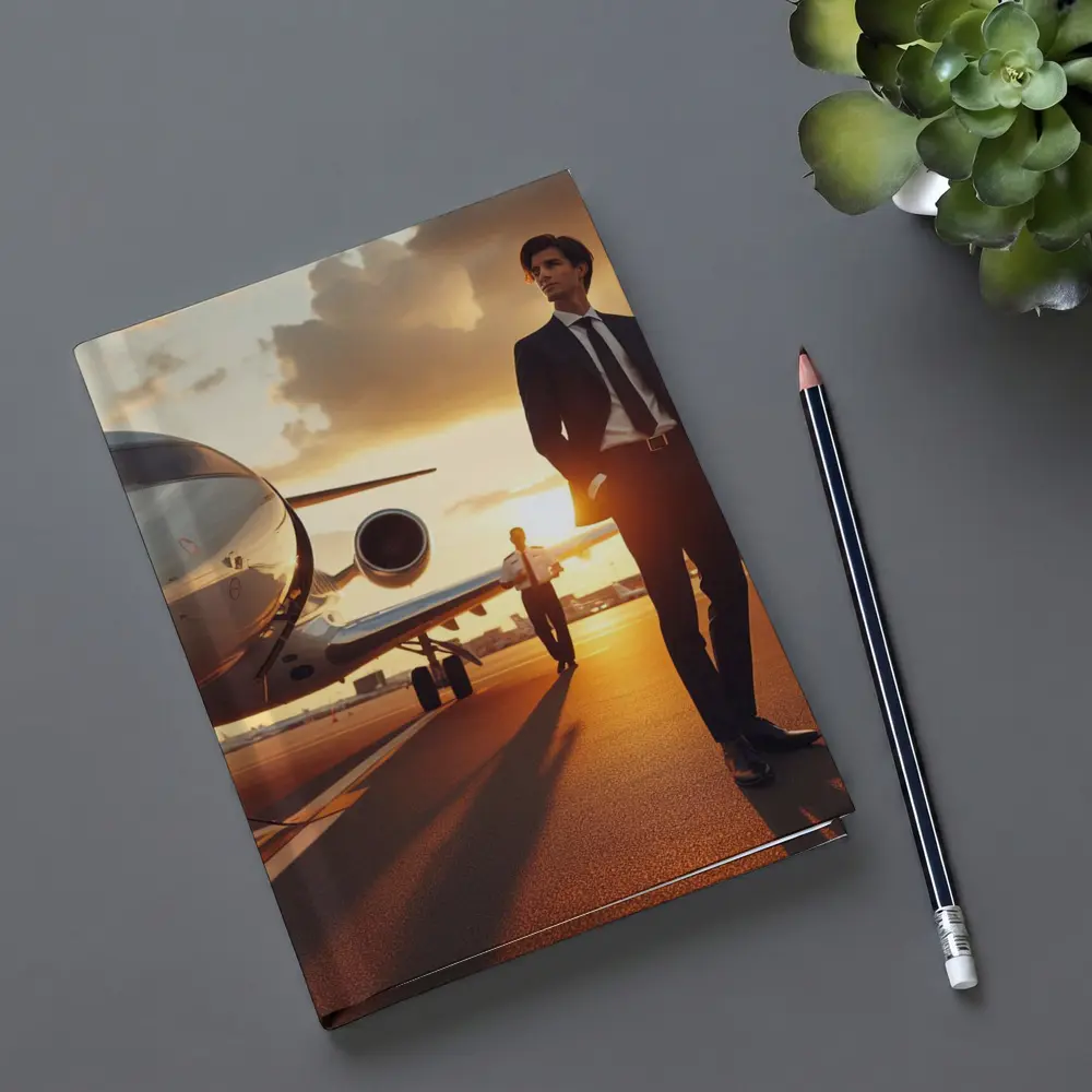 Businessman Walking Private Jet Sunset Tarmac – Notebooks