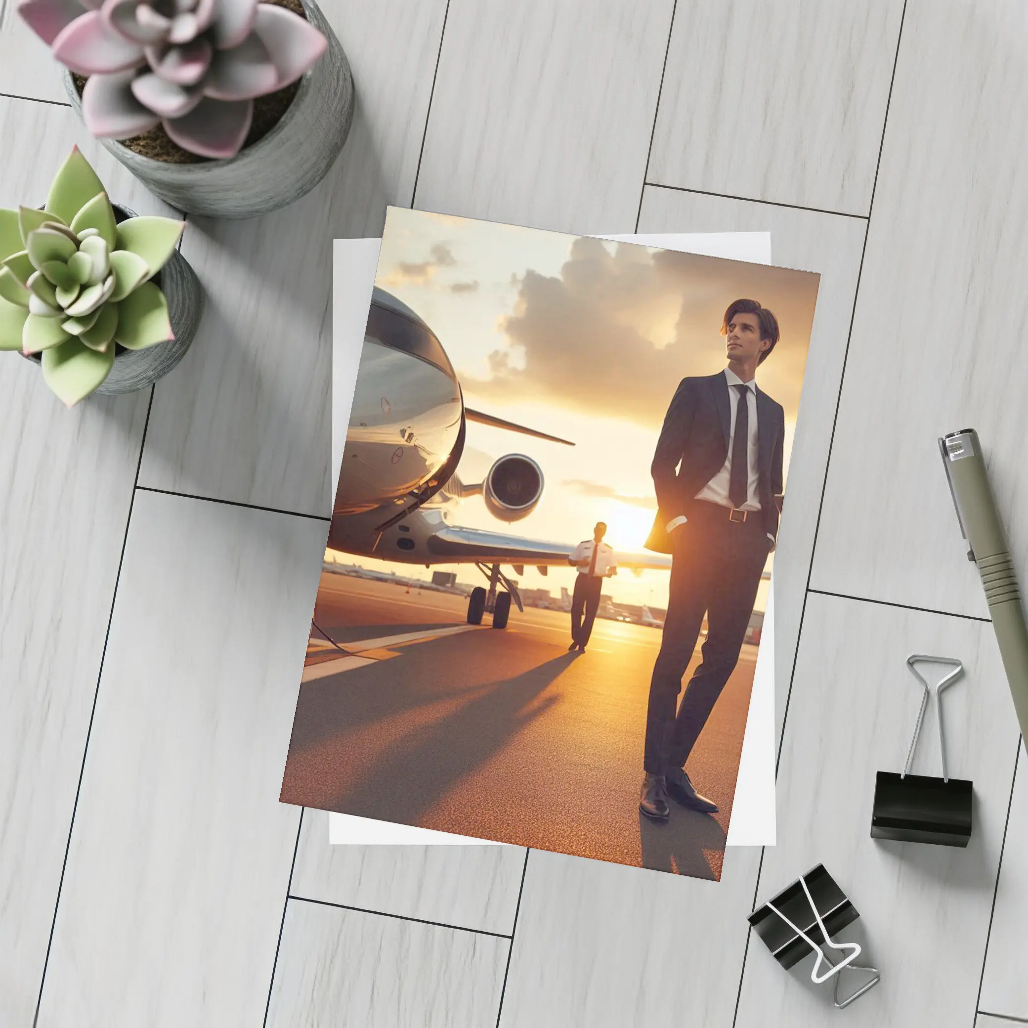 Businessman Walking Private Jet Sunset Tarmac – Postcards