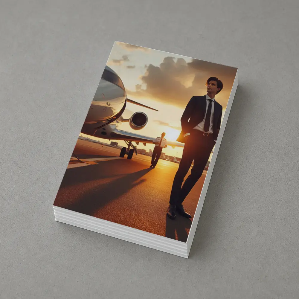 Businessman Walking Private Jet Sunset Tarmac – Postcards