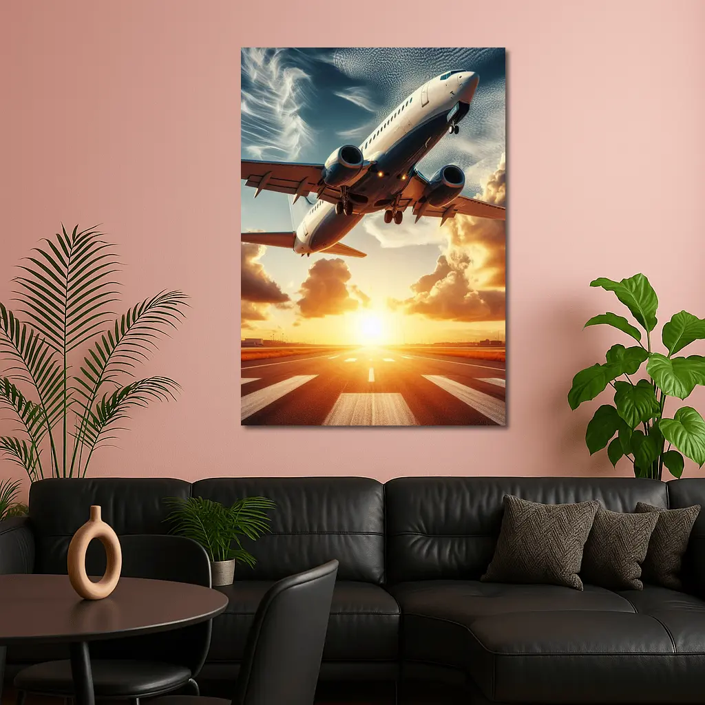 Commercial Airplane Taking Off At Sunset – Wall Art