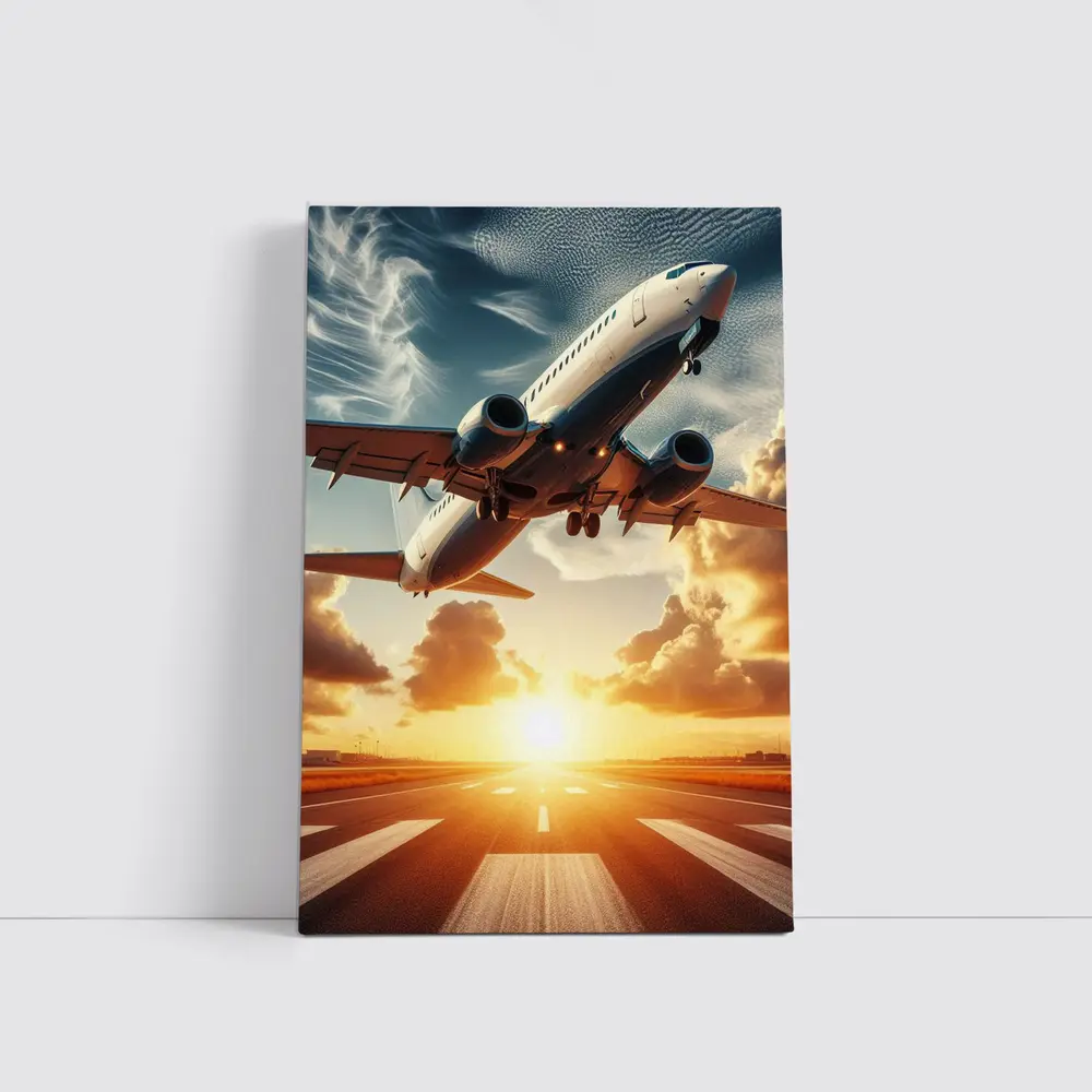 Commercial Airplane Taking Off At Sunset – Wall Art