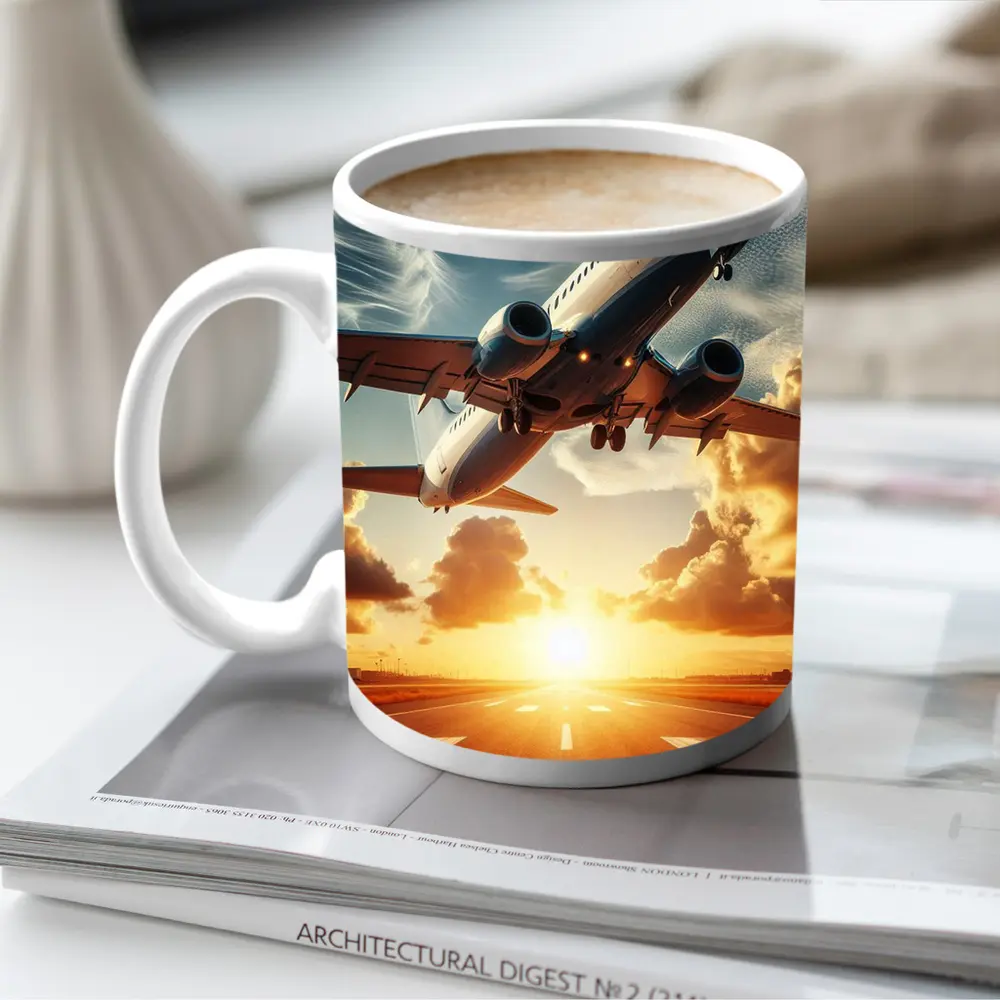 Commercial Airplane Taking Off At Sunset – Mugs