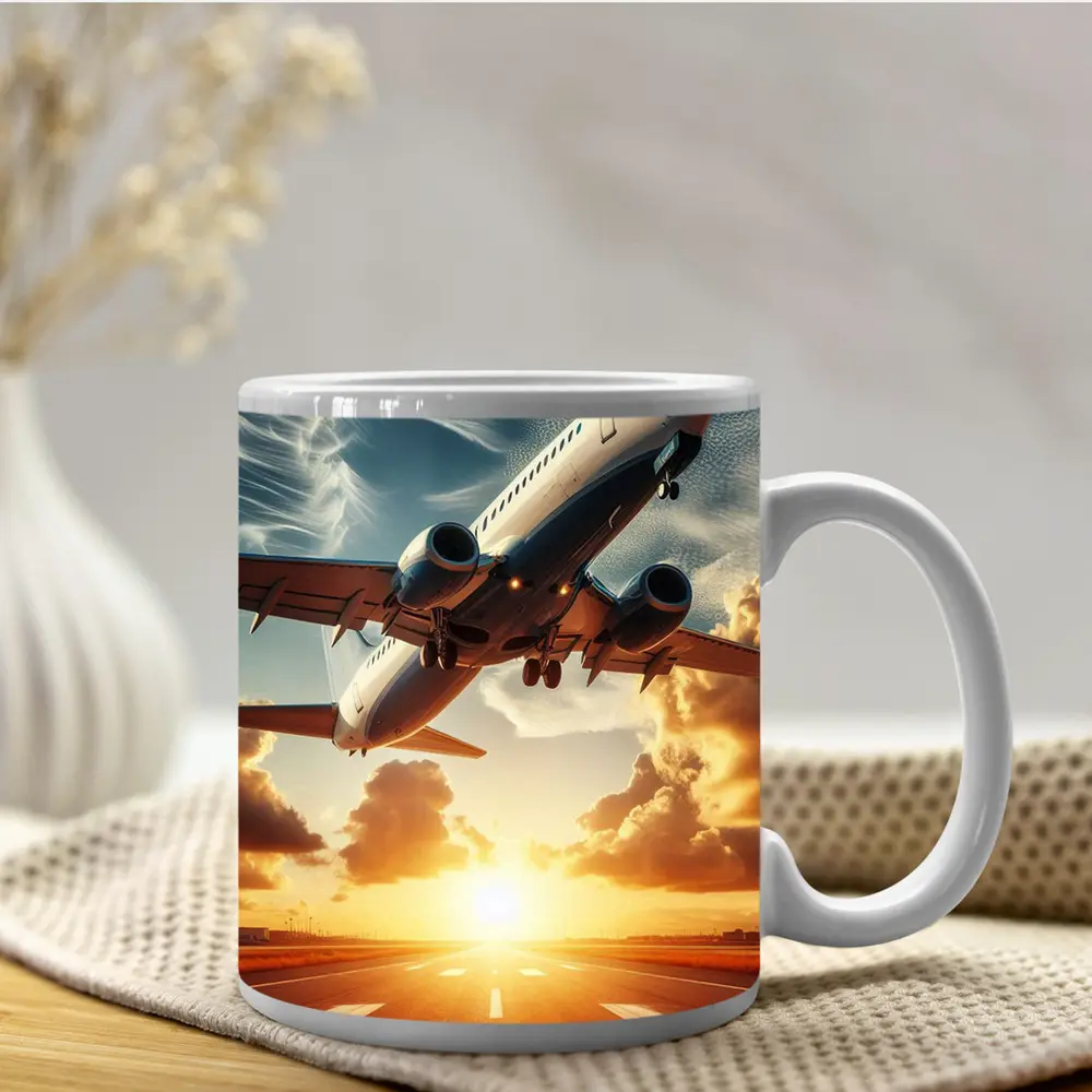 Commercial Airplane Taking Off At Sunset – Mugs