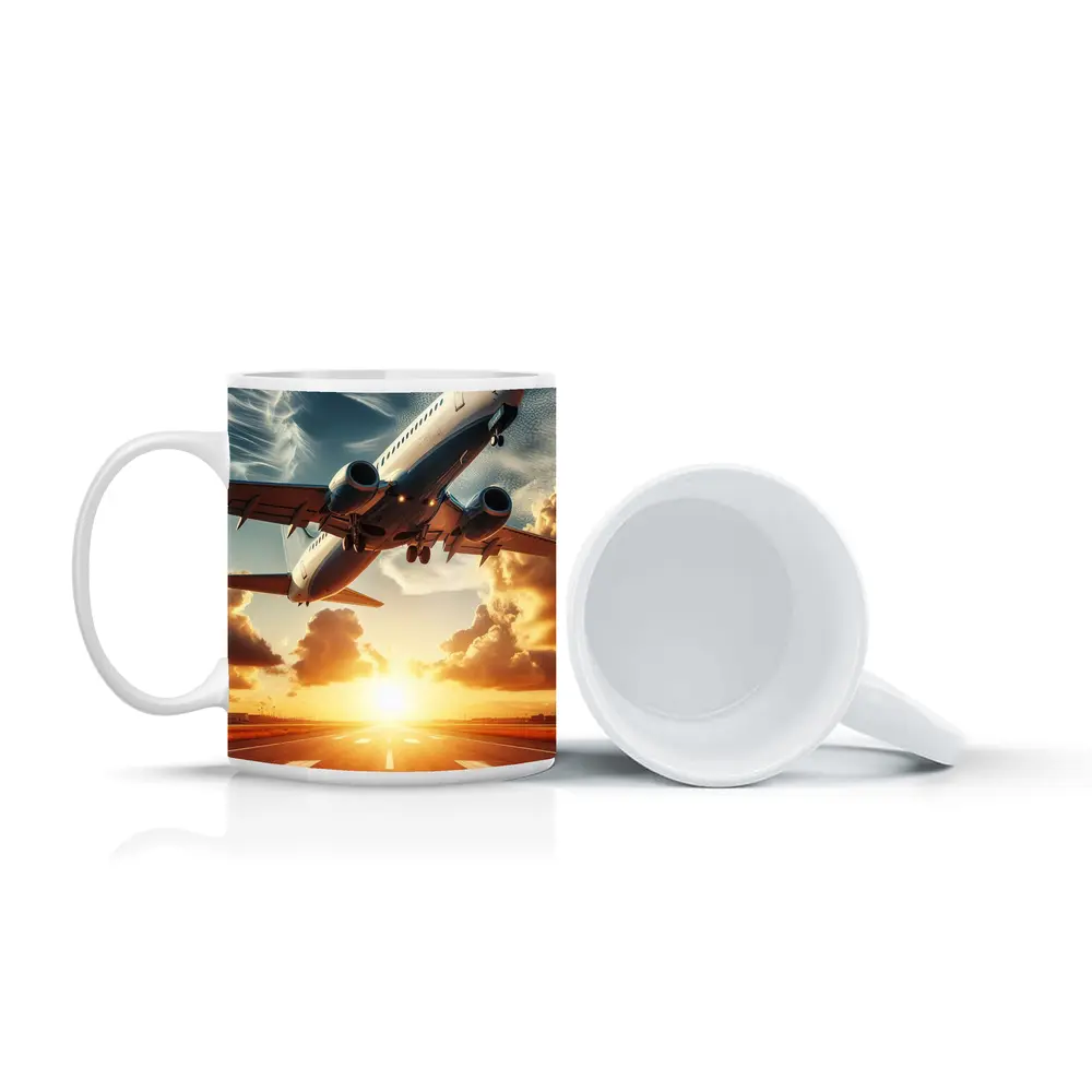 Commercial Airplane Taking Off At Sunset – Mugs