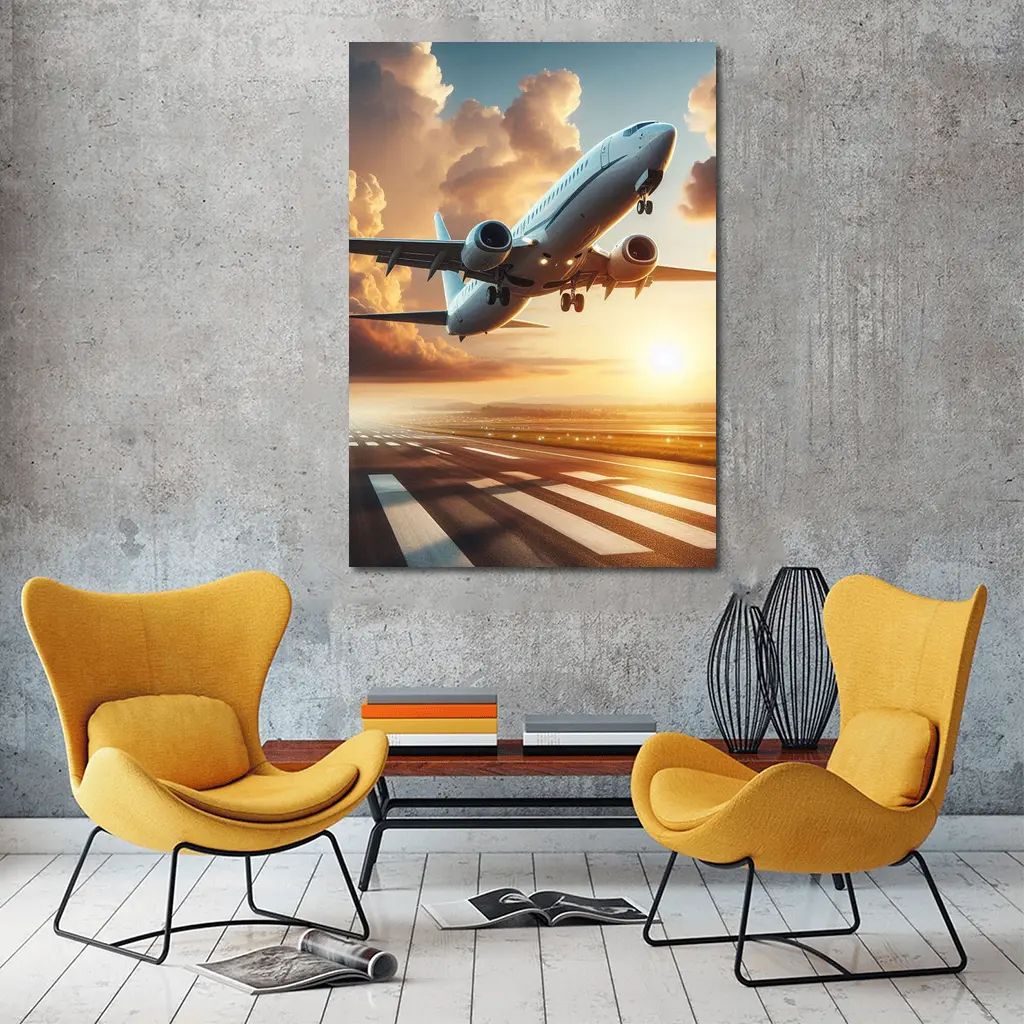 Commercial Airplane Taking Off At Sunset – Wall Art